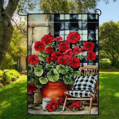 免进口税费 2D 平面 - 双面花园旗，一面是红色花卉图案，另一面是黑白格子图案，尺寸为 12 x 18 英寸，无需电源，是节日庭院装饰的理想之选。
