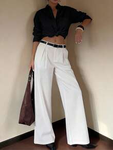 Women's Fashionable White Wide Leg Pants - High Waist Pleated Loose Design, Suitable For Valentine's Day, Carnival, Street Style And Office Wear - White - View 7