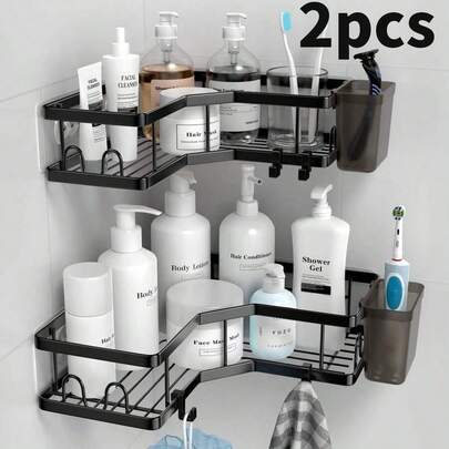 2pcs Metal Bathroom Shelf, Hole-Free Corner Shower Caddy, Wall-Mounted Shower Rack, Shampoo And Soap Holder, Home Bathroom Decor Storage Rack