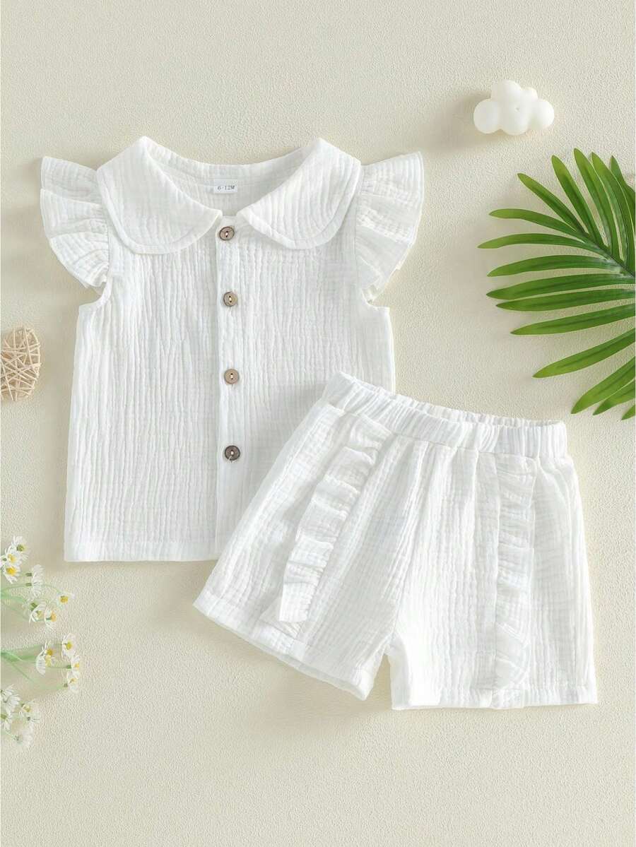 Baby Girls Shorts Set, Fly Sleeve Doll Collar Vest With Elastic Waist Shorts Summer Outfit - White - View 1