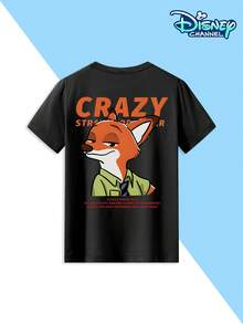 Disney Boys' IP-Themed Crew Neck T-Shirt Featuring Nick Wilde From Urban Animal Town. The Front Displays Nick Wilde's Mischievous Half-Face And The Word "CRAZY STRAWBERRY." The Back Features A Large Nick Wilde Image With The Slogan "THIS IS A SPECIAL ROLE...DARK HEART." Suitable For Boys Aged 4-12, This Casual And Versatile Top Is Skin-Friendly, Breathable, Sweat-Absorbent, And Comfortable. Ideal For Everyday Wear, School, Outdoor Parties, Family Trips, Theme Park Outings, And Watching Movies. The Cartoon Design Is Stylish And Durable, Flattering For All Body Types. A Must-Have For Boys' Daily Wear. - 黑色 - 查看 4