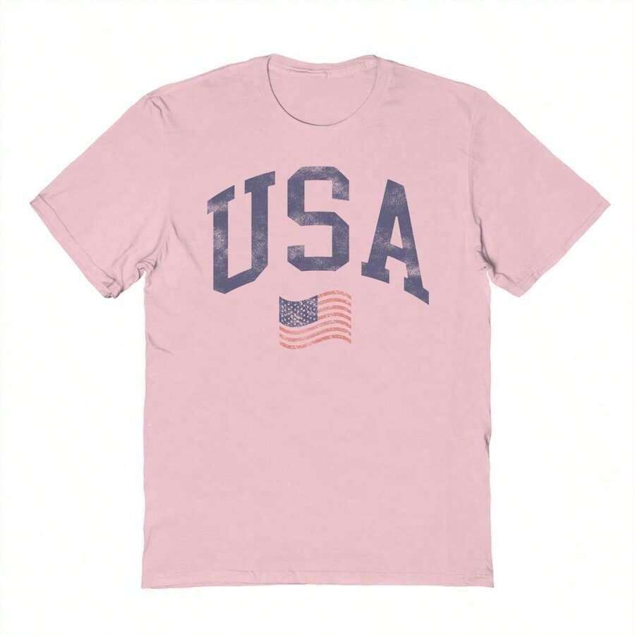 2026 Social Collective Usa And Wavy Flag 4 Graphic Cotton Short-Sleeve T-Shirt USA Patriotic T-Shirt,Independence Day Clothing,Summer Tops For Women - 淺粉色 - 查看 1