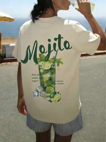 夏季新款极简时尚冰块青柠莫吉托印花圆领短袖T恤，休闲日常百搭女装 - 杏色 - 查看 6