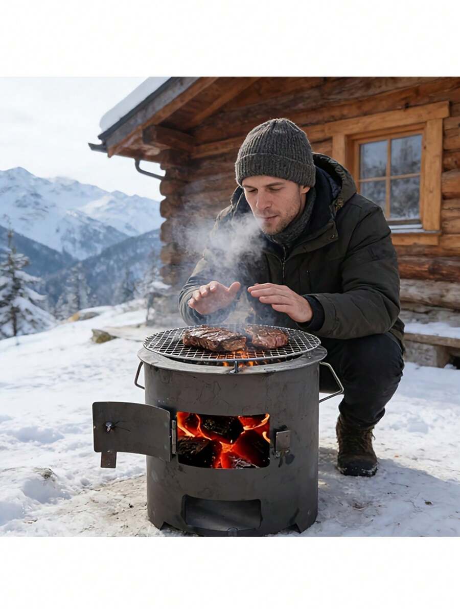 1件裝小型戶外火盆 BBQ 爐，多功能木炭爐，露營戶外烹飪柴火爐，可泡茶、取暖、燒烤、烹飪，便攜設計附耐熱手柄，露營通風款，可開爐門，易點火且可控溫，聚會取暖烹飪一體，「非食品接觸」附手套與烤架