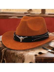 Men Women Cowgirl Hat Wide Brim Stylish Bull Head Belt Leather Design Western Cap For Daily Life Party - Màu Khaki - Xem 9