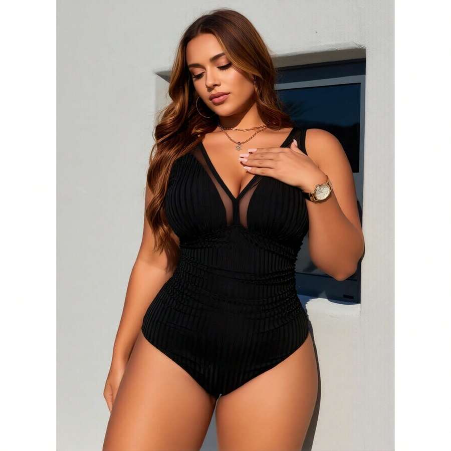 2026 New Plus Size Swimsuit For Women - Ribbed Tummy Control Bathing Suit V Neck Ruched Swimwear; Comfortable And Supportive One Piece Swimsuits For Curvy Figures - Black - View 1