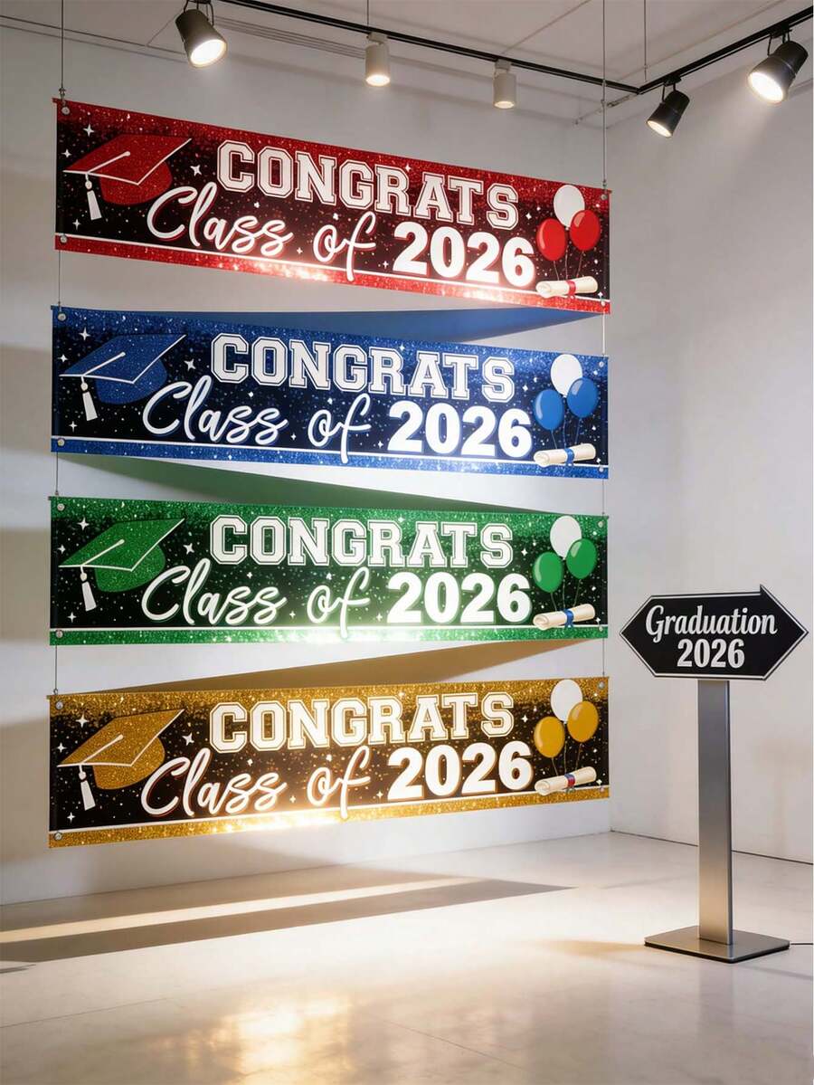 1pc "Congratulations Class Of 2026" Graduation Banner, Available In Red, Blue, Green And Gold Vibrant Colors, Suitable For 2026 High School/College Graduation Party, Ceremony, Photo Backdrop And Indoor/Outdoor Graduation Decor, Applicable For Bedroom, Indoor Or Outdoor Tabletop. - Multicolor - View 1