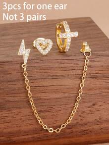 3PCS Luxury Lightning Vertical Tassel Chain Long Ear Stud Sets For Woman 18K Gold Plated Zirconia Cross Hoop Earring Cartilage Piercing Jewelry - 3PCS-gold - View 4