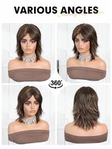 12 Inch Deep Brown Highlight Layered Short Wavy Wig, Textured Women's Wig, Deep Brown Hair, Short Wig, Layered Wig, Everyday Wig, Office Wig, Street Wig, Date Wig, Women's Hair, Suitable For Teenage Girls And Young Adults - Màu nâu highlight - Xem 9