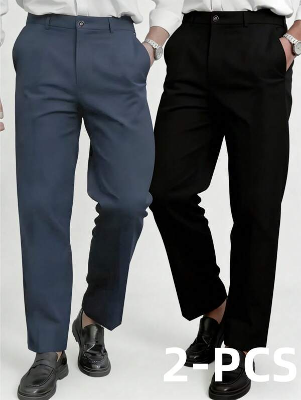 2 piezas Pantalones formales de negocios transpirables y casuales para hombres, pantalones rectos de vestir delgados de corte slim para primavera/verano para ir al trabajo