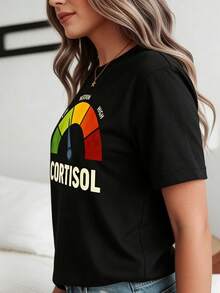 Funny Cortisol Level Gauge Women's T-Shirt Stress Hormone Humor Print Crew Neck Short Sleeve Loose Fit Comfy Office School Streetwear Outfit Top - 黑色 - 查看 2