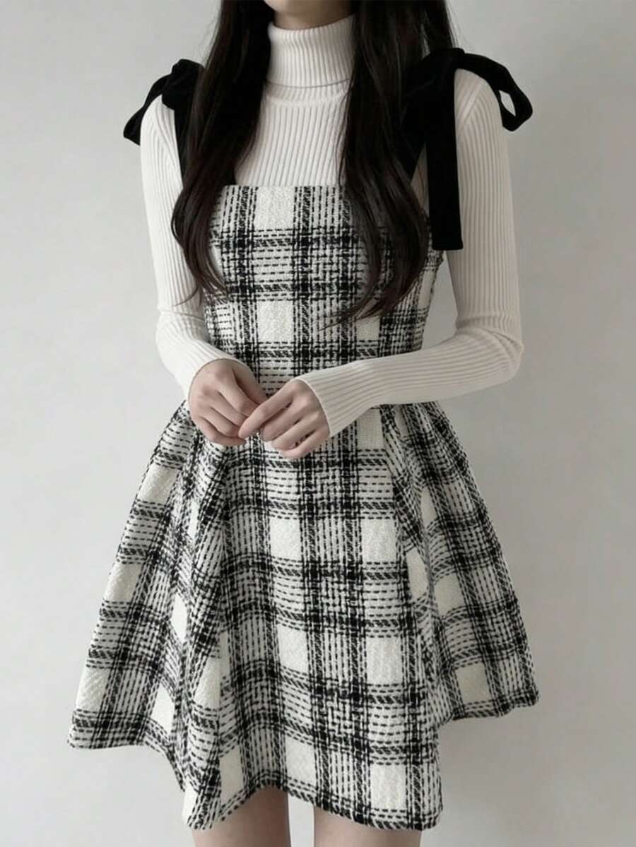 Đầm ngắn hai dây thắt nơ kẻ caro thời trang nữ, mùa xuân/hè