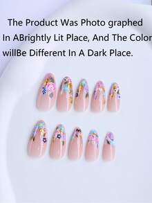 Add A Touch Of Romance With 24 Press On Nails Almond Art Pieces, Hand-Painted Pink Roses For Spring, Small Blue Flowers And Violets For Summer, Cute Nails Art With Gold Foil Decorations, Reusable Fake Nails, Suitable For Girls' Daily Life, Outings And Travel - Multicolor - View 3