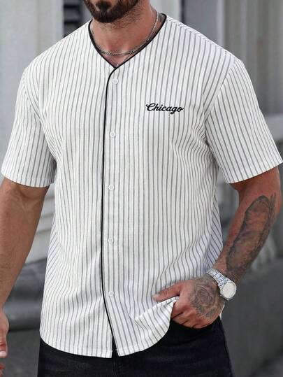 男士休闲通勤棒球短袖衬衫，夏季
