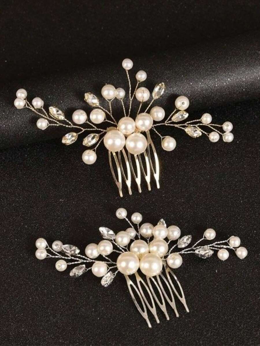 1pc Women's Elegant Handmade Pearl & Rhinestone Hair Comb, Suitable For Weddings, Parties, And Gifts - Multicolor - View 1