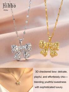 Hihho 1件菱形蝴蝶结项链，时尚锁骨链，不褪色高端百搭吊坠 - 菱格蝴蝶結 - 查看 4
