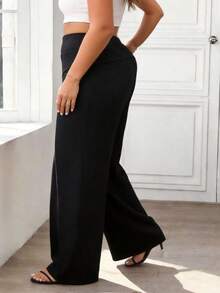 Elegante weite Hose in Große Größen für Damen, einfarbig, neues Design, schwarz mit unregelmäßigem Kreuz-Taillenbund, hoher Bund, weites Bein, geeignet für Sommerurlaub am Strand, Stadtbummel, leichte gesellige Anlässe, Frühlingspicknicks Outdoor, Nachmittagstee mit Freunden, tägliche Fahrten - Schwarz - Übersicht 2