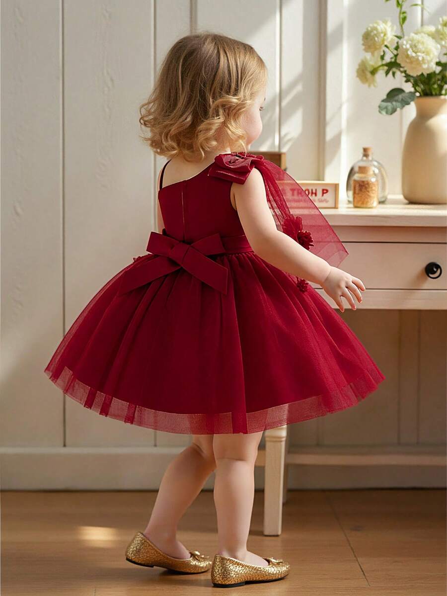 Baby Girls Bow & Flower Mesh Princess Dress, Suitable For Party & Flower Girl, Random Fabric Pattern, Headband Not Included - Burgundy - View 1