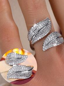 1件奢华双叶全镶钻开口戒指，优雅时尚全镶锆石壁龛设计百搭配饰 - 開口戒指 - 查看 4