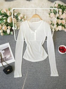 新款春夏性感修身罗纹针织毛衣，弹力百搭修身套头衫，女士 - 白色 - 查看 4