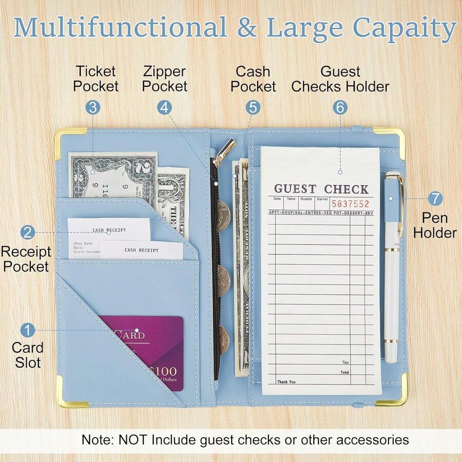 Server Book, Server Books Waitress With Zipper Pocket, Cute Waitress Book With Pen Holder, PU Leather Serving Books Fit Server Apron, Blue N2Y4 - Blue - View 1