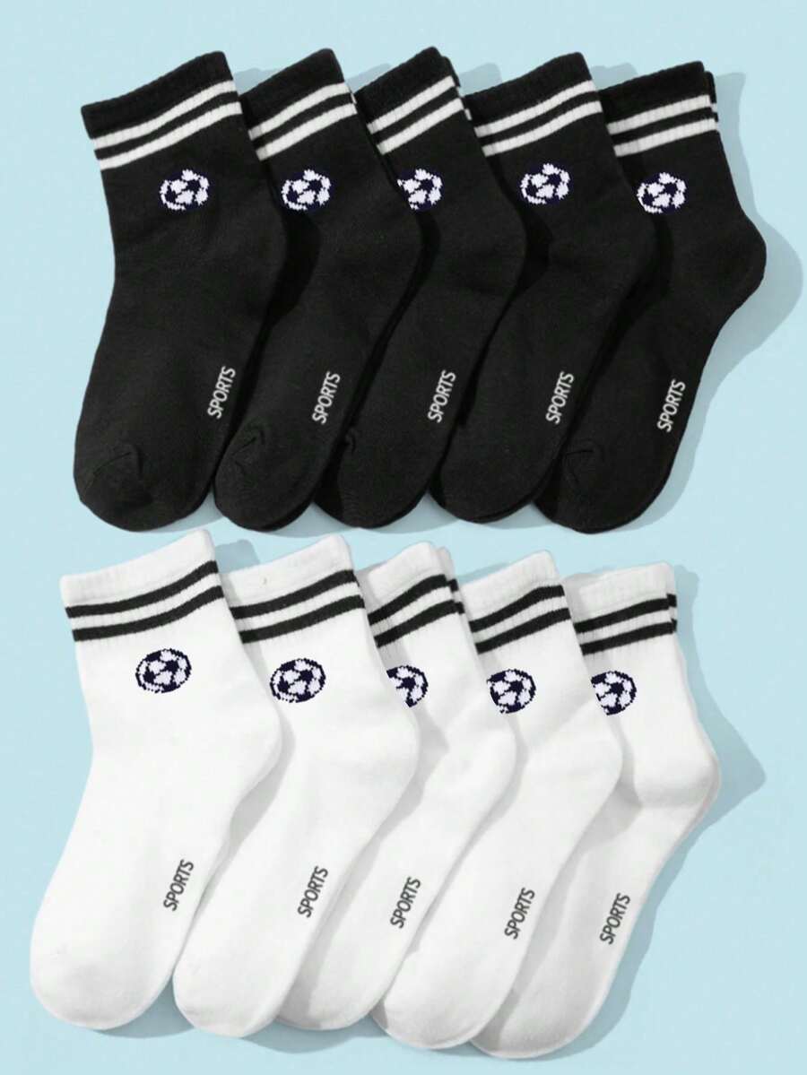 10/5/1 Pair Spring/Summer Kids' Black & White Breathable Sports Socks, Football Pattern Decor, Classic Casual Soft Comfortable Mid-Calf Socks, Versatile Moisture-Wicking, Suitable For Back To School, Sports Events, Outdoor Activities, Fitness - Multicolor - View 1