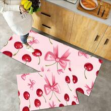 Pink Cherry Bow Print Area Rug 3 Piece Set, Sweet Coquette Pattern Floor Mat, Non-Slip Entryway Kitchen Carpet, Non-Slip, Absorbent, Washable Polyester, Kitchen And Laundry Area, Laundry Room | Decorative Floor | Absorbent, Laundry Room Decor - Multicolor - View 1