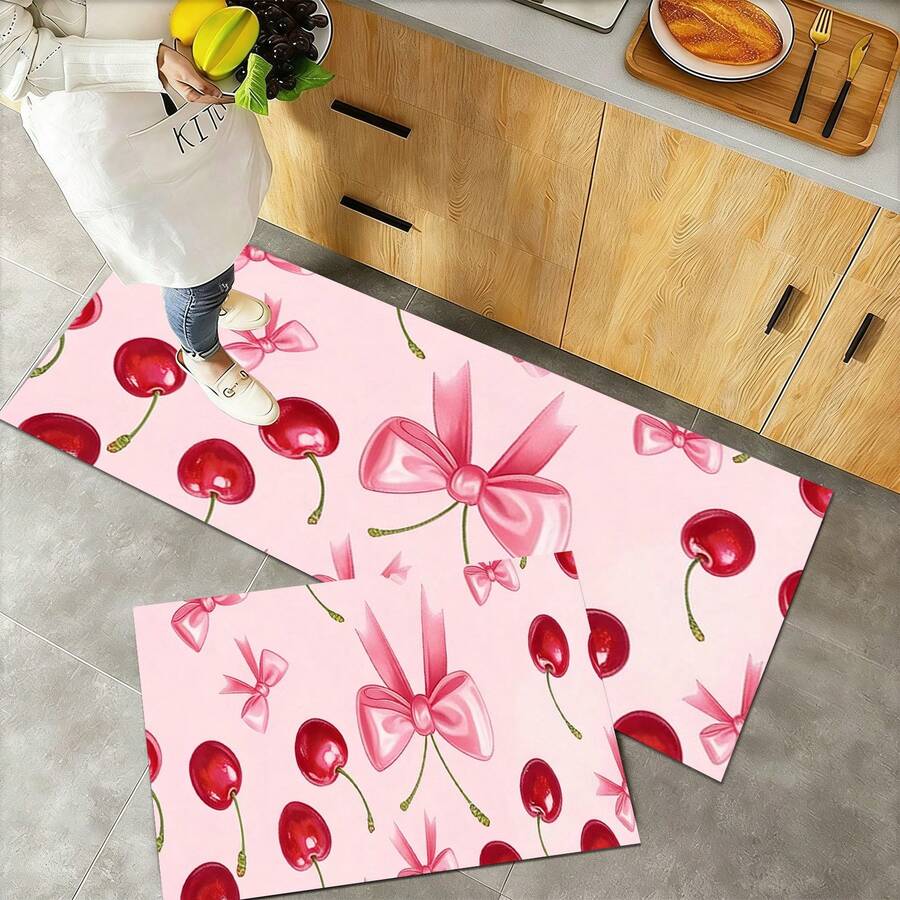 Pink Cherry Bow Print Area Rug 3 Piece Set, Sweet Coquette Pattern Floor Mat, Non-Slip Entryway Kitchen Carpet, Non-Slip, Absorbent, Washable Polyester, Kitchen And Laundry Area, Laundry Room | Decorative Floor | Absorbent, Laundry Room Decor - Multicolor - View 1