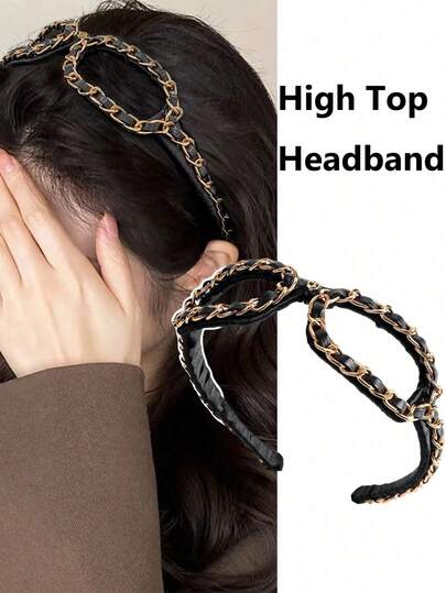 1pc Metal Chain Eyeglass Frame Leopard Print ABS Plastic Thin Headband, Fashionable Personalized High Crown Top Hair Clip Headpiece