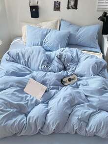 Bộ 3 món ga trải giường bằng polyester mềm mại, phối màu xanh dương và trắng. - Màu xanh nhạt - Xem 4