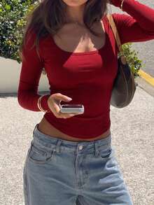 Casual Long Sleeve Crew Neck T-Shirt, American Classic Slim Fit Versatile Top - Burgundy - View 3