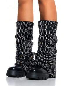 Women's Platform Round Toe Mid Calf Boots With Chunky Heel - Rhinestone-black - View 11