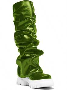 Women's Platform Round Toe Mid Calf Boots With Chunky Heel - Green - View 6