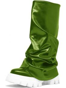 Women's Platform Round Toe Mid Calf Boots With Chunky Heel - M-green - View 14