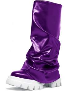 Women's Platform Round Toe Mid Calf Boots With Chunky Heel - M-purple - View 12