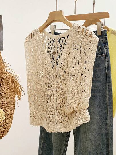 女士无袖V领复古镂空钩针编织背心，夏季度假罩衫
