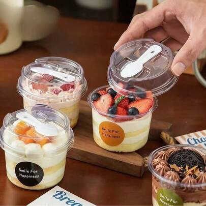 10pcs Reusable Round Pudding Cups Set, Including Cups, Cups With Spoon Lids, Reusable Party Cups, Cups With Spoon Lids, Novel Mugs, Transparent Mousse Cake Boxes, Yogurt Cups, Reusable Party Cups, Hand Wash Only, Suitable For Birthday, Graduation, Bachelor Party, Wedding Season, Tableware, Party Supplies, Round Cups, Elegant Dessert Cups, Reusable Material, Durable Plastic, With Spoon, Pudding Containers, Dessert Lovers