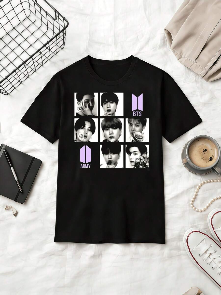 ID Photo Flower Bouquet 9-Grid Graphic Summer Cotton Casual Short Sleeve T-Shirt - màu đen - Xem 1