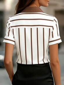 Elegante camicia a righe a maniche corte con colletto da donna, adatta per l'abbigliamento estivo - Castano - Visualizzare 2