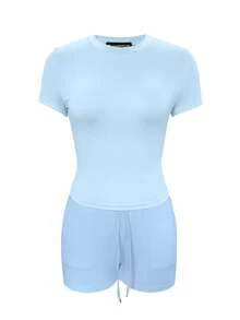 LovelyWholesale Women's Casual Solid Color Round Neck Short Sleeve T-Shirt And Drawstring Shorts Set, Summer Outfit Elegant - Baby Blue - View 5