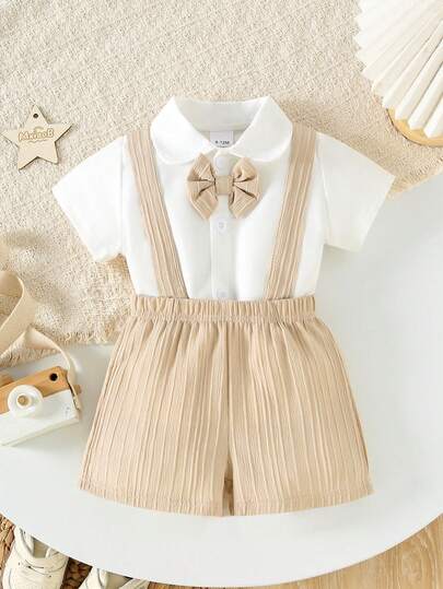 2pcs/Set Baby Boys' British Style Gentleman Outfit, Bow Tie Collar Casual Shirt + Solid Color Suspender Shorts Set, Summer