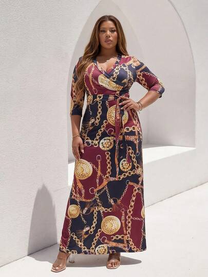Astrid Vestido midi elegante de manga larga con cinturón, talla grande