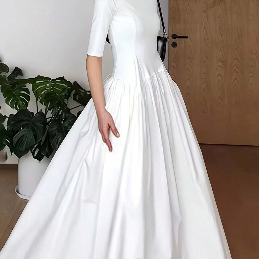Elegant French Style Maxi Dress With Smock Waist & Ruffle Hem - -Length Party Wedding Guest Gown, Machine Washable Spring Summer Fall Formal Evening Dress - Ivory White - View 1