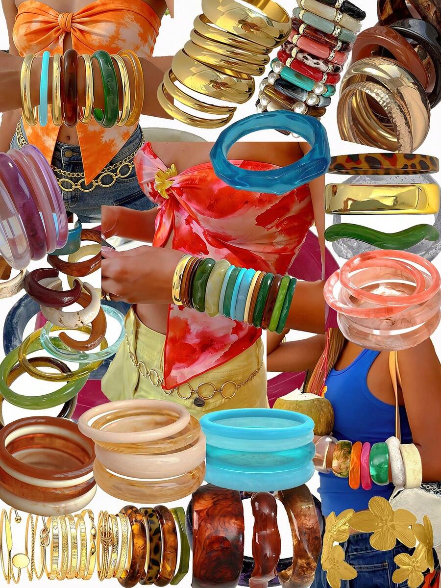 Random 16/12/8/4/1 Pcs Vintage Elegant Bohemian Summer Vacation Daily Geometric Asymmetrical Blue Green Pink Colorful Acrylic Resin Tie Dye Bangles Cuff Bracelets Set, Carved Textured Gold-Tone Wide Bangle Bracelet Jewelry Set, Y2K Cute Accessories Suitable For Women Daily, Beach, Party, Birthday, Gift - Multicolor - View 1
