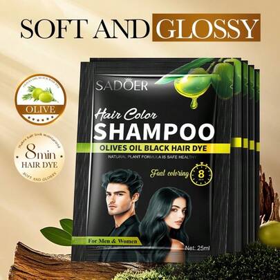染发洗发水 5 袋装，橄榄油黑色染发剂，天然植物配方，健康快速染发，8 分钟遮盖白发和灰发，男女老少皆宜