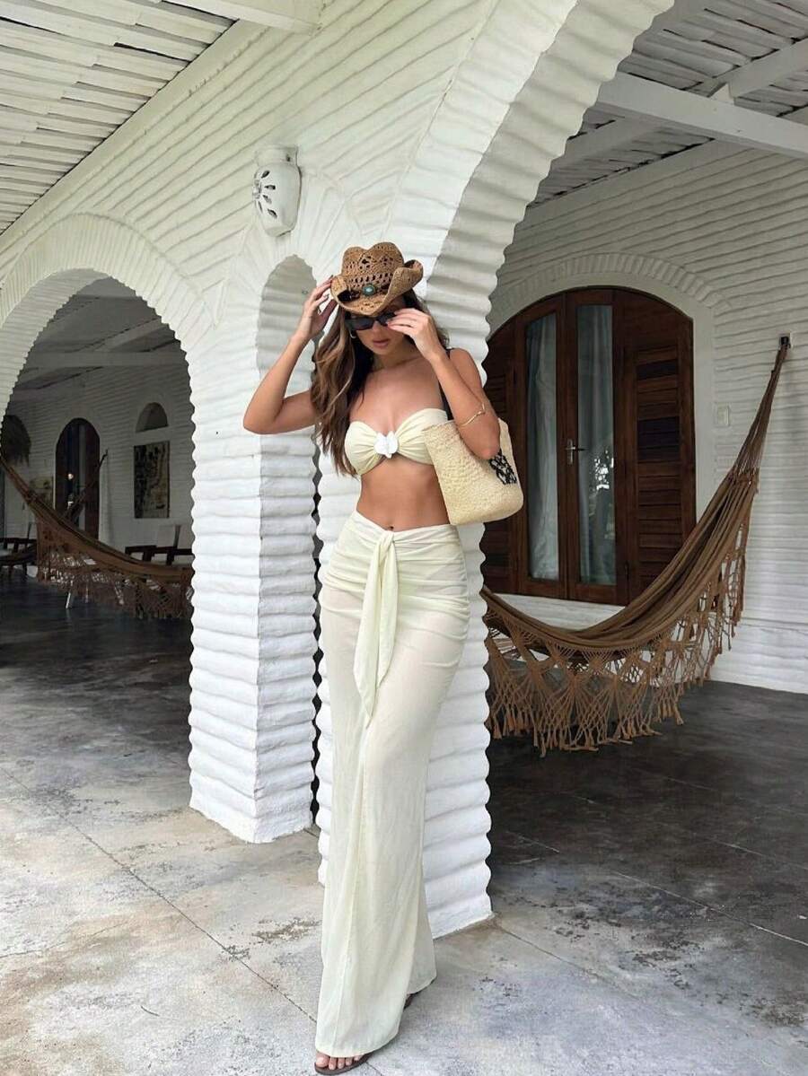 Traje de baño de 3 piezas amarillo crema para mujer de verano, vestido maxi con abertura de gasa, estilo de vacaciones, moda romántica para fiesta y vacaciones - Amarillo claro - View 1
