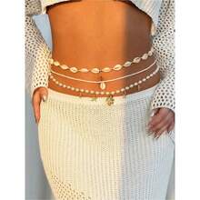 3pcs Multilayer Bohemian Beach Style Pearl Starfish Beaded Waist Chain Beach Body Jewelry Chain For Women - 彩色 - 查看 4