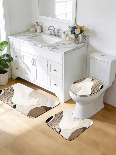 1件/3件装北欧几何线条图案法兰绒印花浴室地垫，柔软吸水防滑浴室地毯，包含马桶盖套、U型马桶垫和浴室地垫 - 法兰绒+涤纶材质，可水洗，适用于浴室淋浴区、梳妆区、客厅入口、家居等场所，装饰性浴室地毯，多功能地垫，经久耐用，四季皆宜，为浴室空间增添氛围
