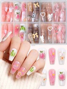 120片中号棺材形人造指甲贴片，饰有3D粉色和棕色蝴蝶结、水钻、蝴蝶图案，亚克力方形全覆盖芭蕾舞假指甲，适合女性，易于佩戴 - 彩色 - 查看 2