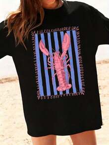Graphic Women T‑Shirts,Women'S Pink Lobster And Blue Striped T-Shirt | White Casual Summer Beach Wear, Vertical Stripes And Wave Print, Pink Lobster D - 黑色 - 查看 12